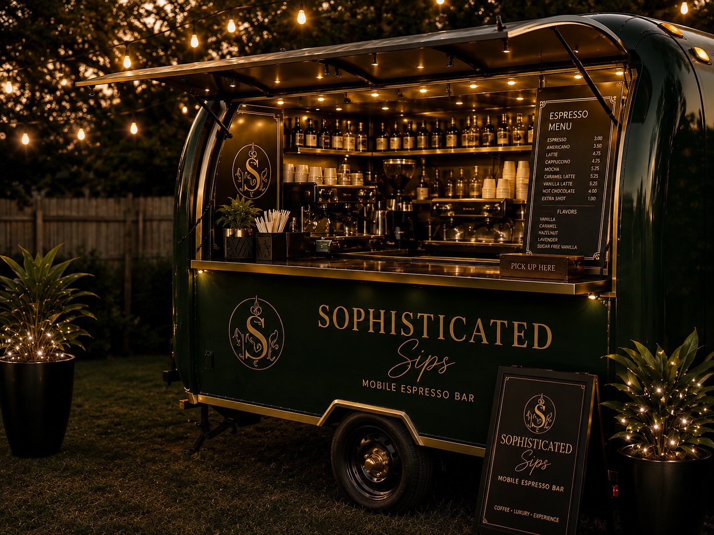 Sophisticated Sips mobile espresso trailer at an event