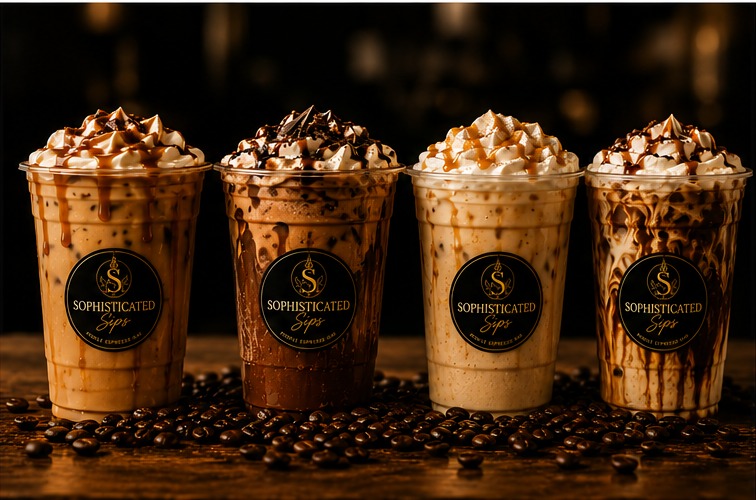 Four signature iced espresso drinks topped with whipped cream